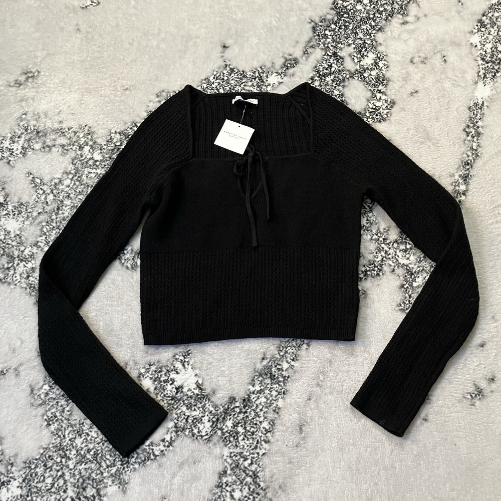 American Eagle Top Womens XL‎ Black Long-sleeve crop square neckline tie detail